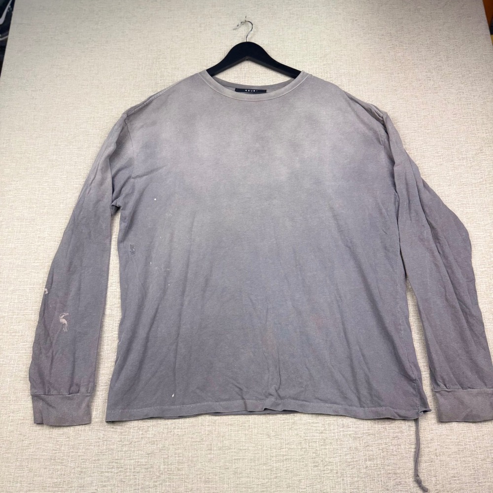 Ksubi Mens Faded Grey Distressed Long Sleeve T-Shirt Cross Logo Streetwear